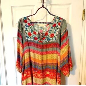 Boho Floral Stripe Peasant Top - Multicolor